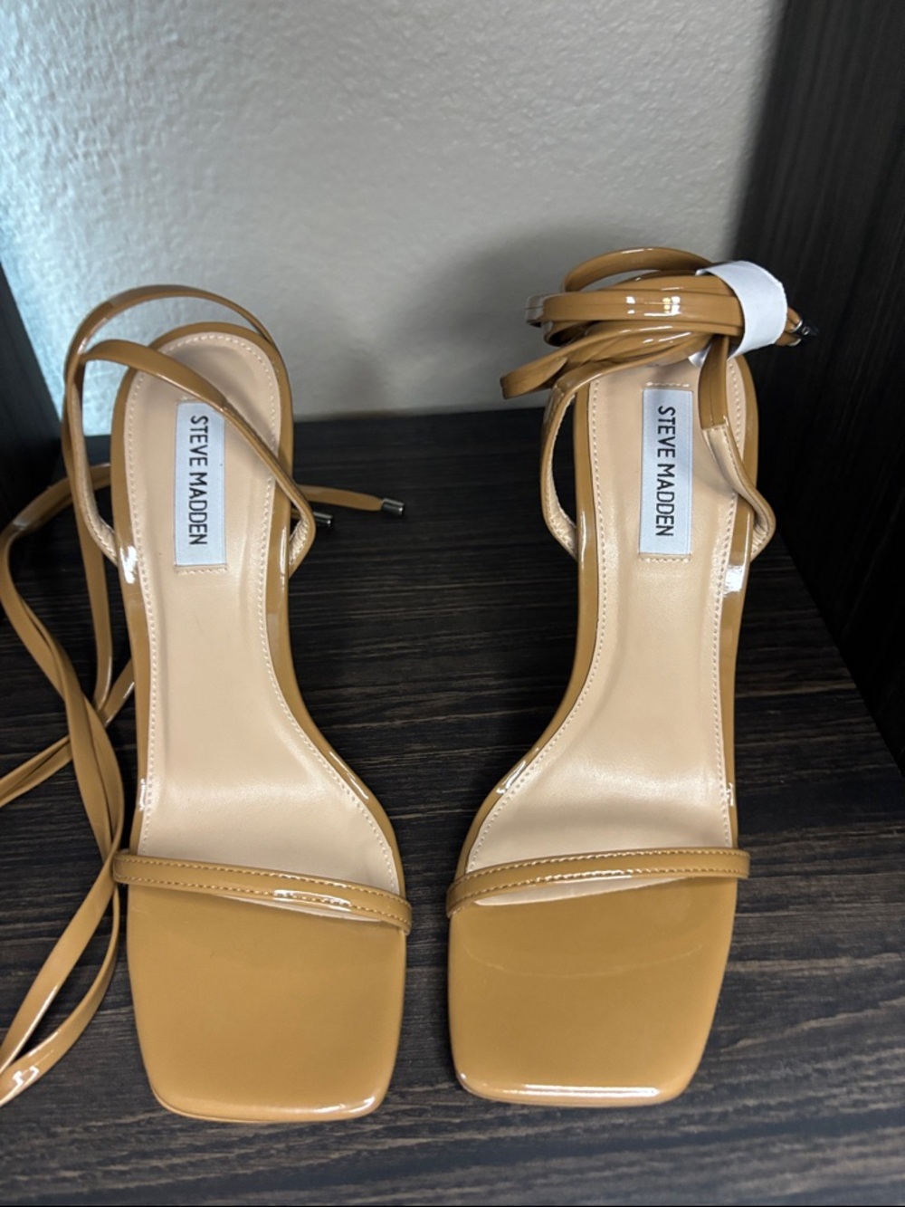Steve Madden Camel Patent Ankle-Tie Heels